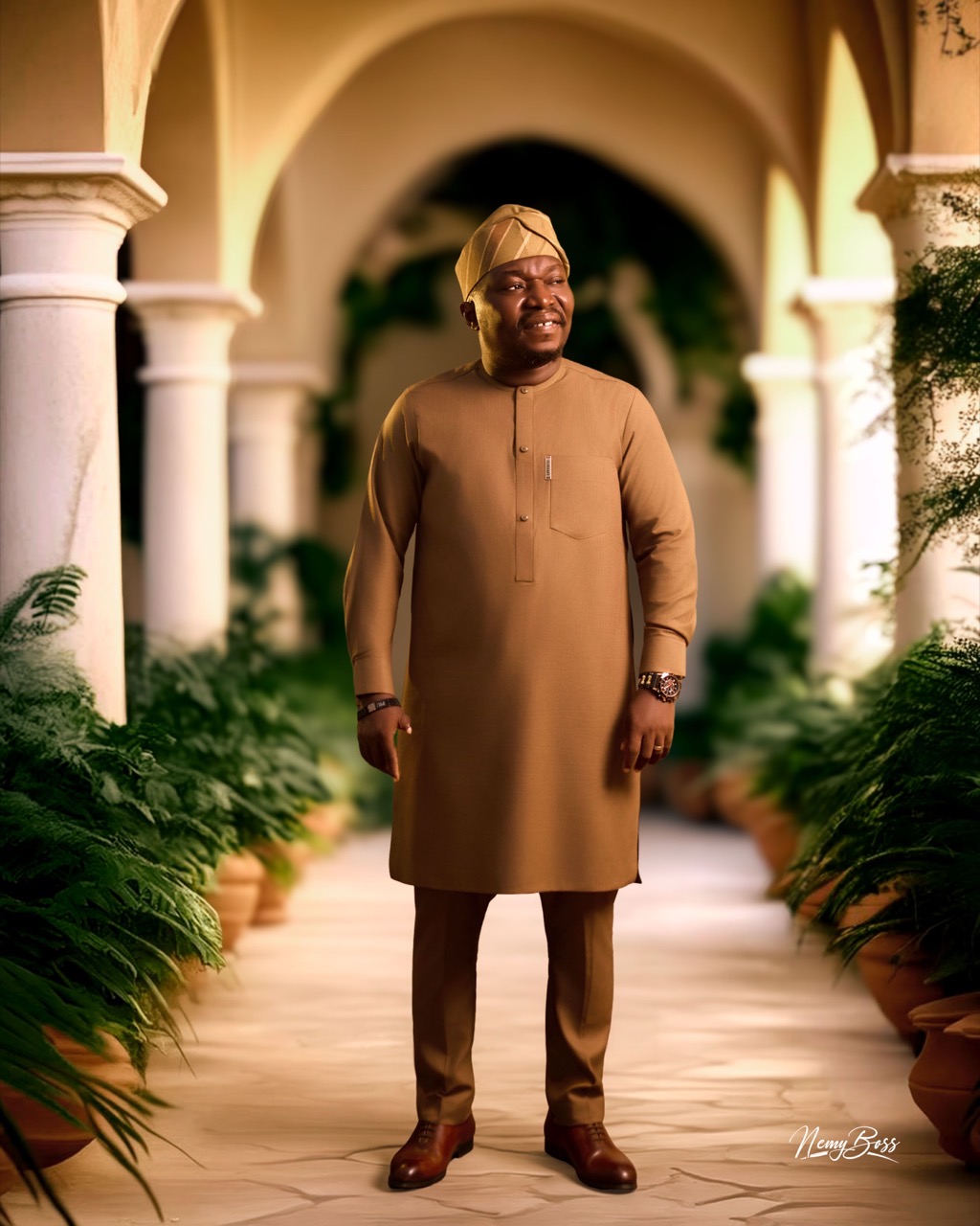 Pastor Ifeanyi Uwakwe standing full length in a tan kaftan and cap, in a colonnade lined with ferns.